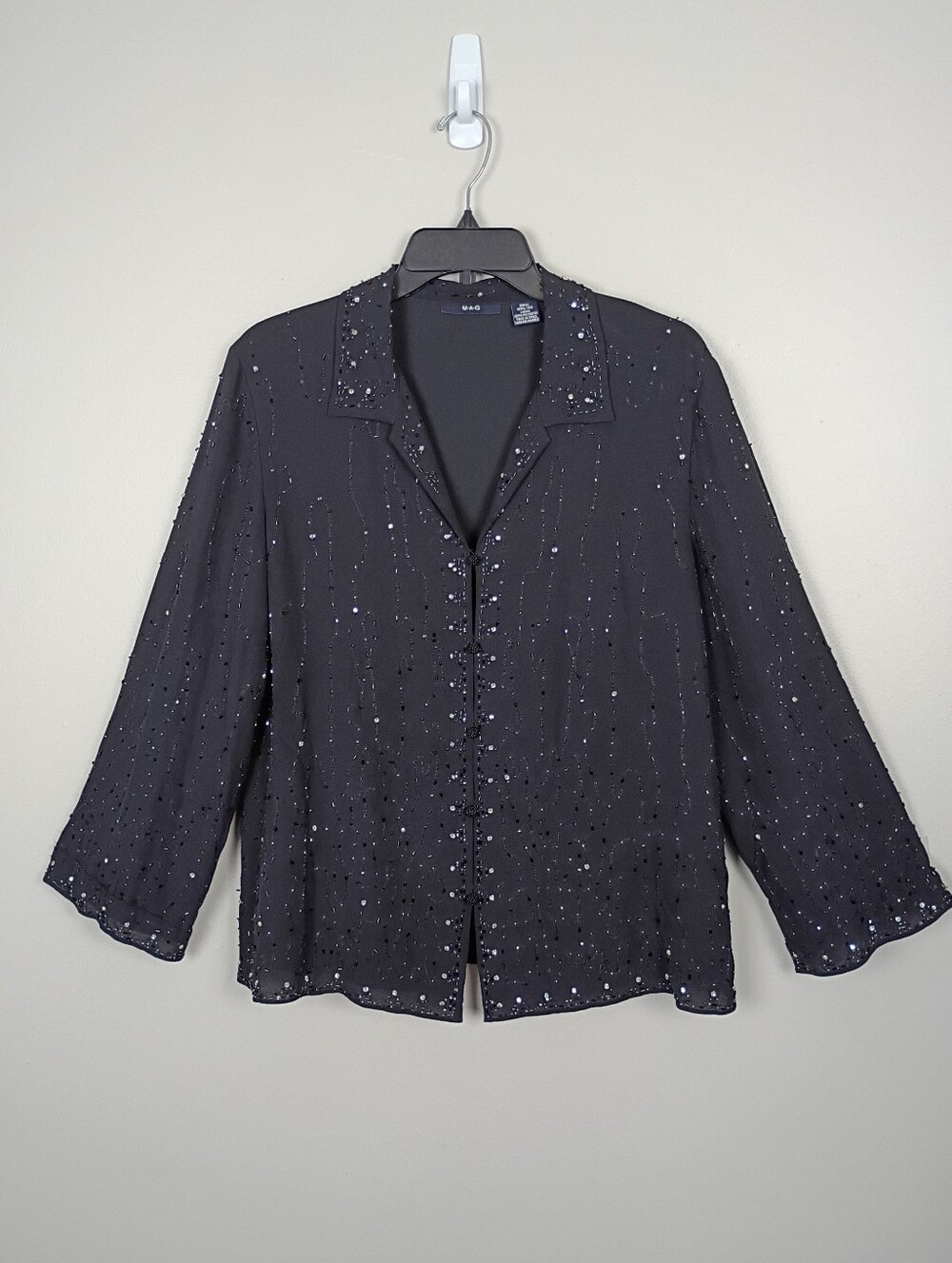 Vintage M-A-G Magaschoni 100% Silk Beaded Blouse Evening Jacket Black 90s Y2K 14